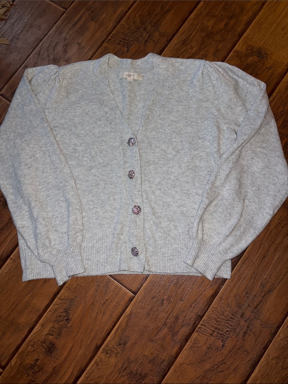 LOFT Heather Light Gray V-Neck Button Cardigan - Size Medium
